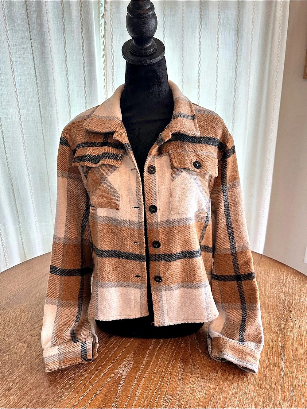 zeagoo Cropped Flannel Plaid Shacket Brown & Cream Medium